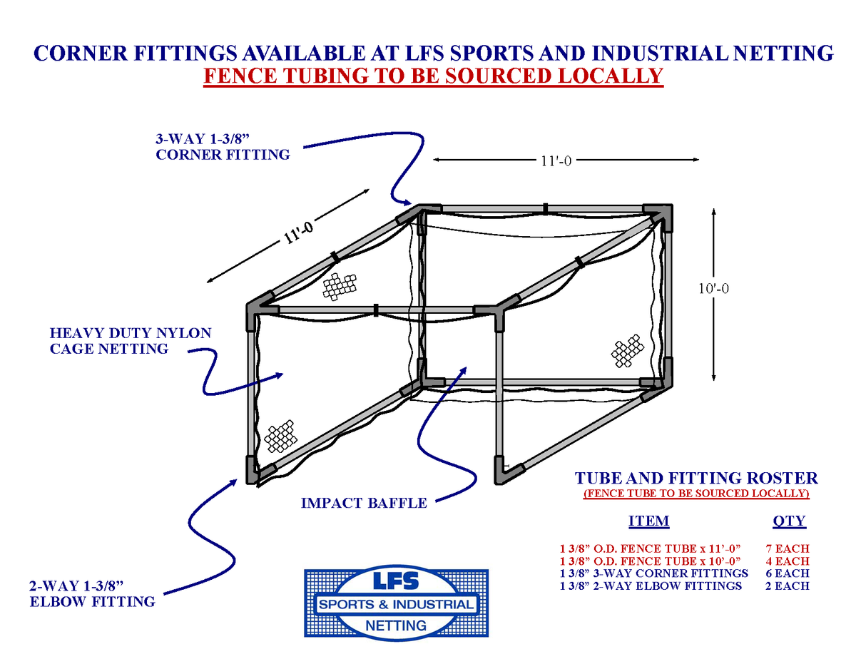 Knotted Nylon Golf Cage Net (Net Only) with Pre-Installed Baffle - 10' x 10' x 10'